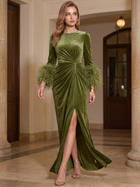 Sheath Velvet Evening Gown Floor Length Boat Neck Runched Long Sleeves Olive Green Elegant Formal Wedding Guest Dress With High Slit Feather Fur