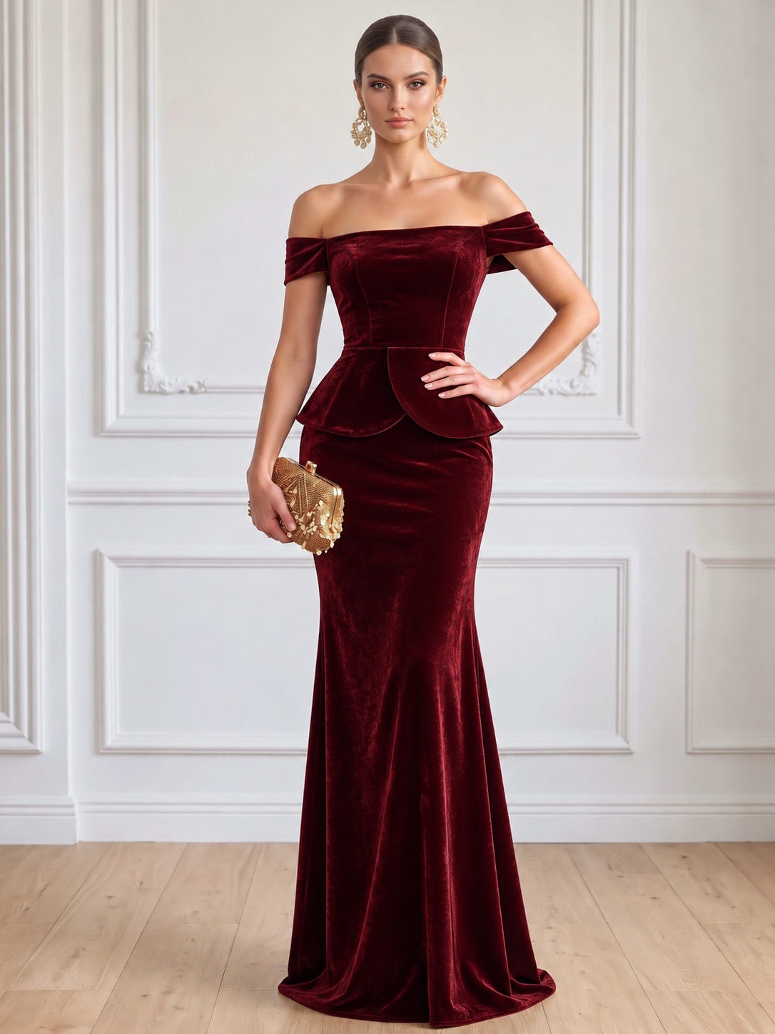 Sheath Velvet Evening Gown Floor Length Off The Shoulder Sleeveless Burgundy Elegant Formal Wedding Guest Dress
