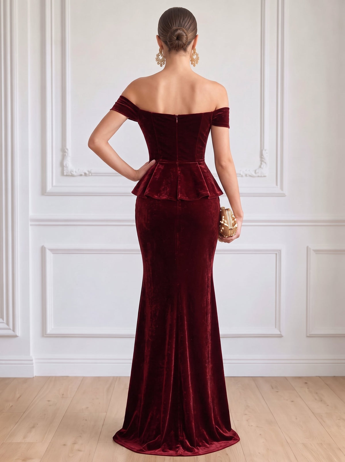 Sheath Velvet Evening Gown Floor Length Off The Shoulder Sleeveless Burgundy Elegant Formal Wedding Guest Dress