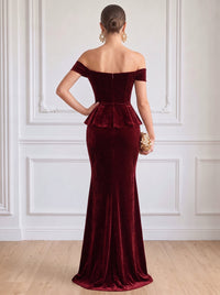 Sheath Velvet Evening Gown Floor Length Off The Shoulder Sleeveless Burgundy Elegant Formal Wedding Guest Dress