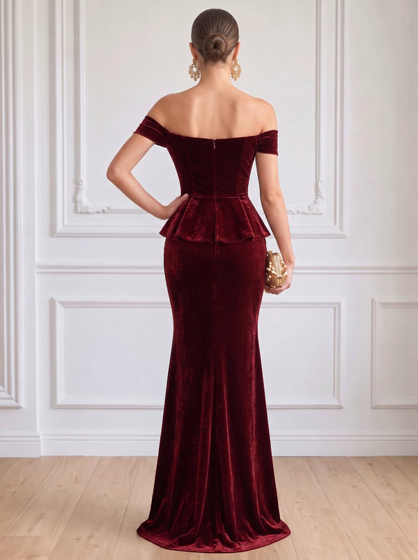 Sheath Velvet Evening Gown Floor Length Off The Shoulder Sleeveless Burgundy Elegant Formal Wedding Guest Dress