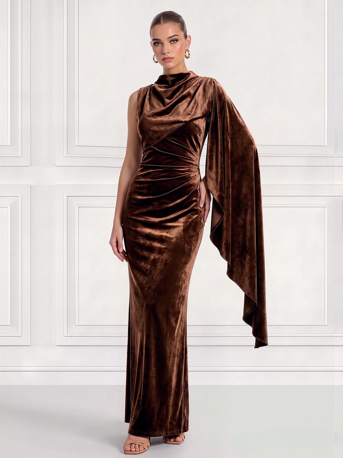 Sheath Velvet Evening Gown Floor Length Draped Sleeveless Runched Brown Boat High Neck Elegant Formal Wedding Guest Dress With Side Drape