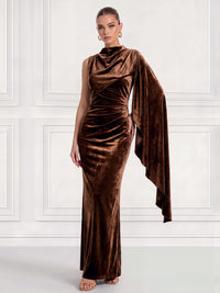 Sheath Velvet Evening Gown Floor Length Draped Sleeveless Runched Brown Boat High Neck Elegant Formal Wedding Guest Dress With Side Drape