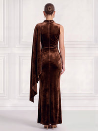 Sheath Velvet Evening Gown Floor Length Draped Sleeveless Runched Brown Boat High Neck Elegant Formal Wedding Guest Dress With Side Drape