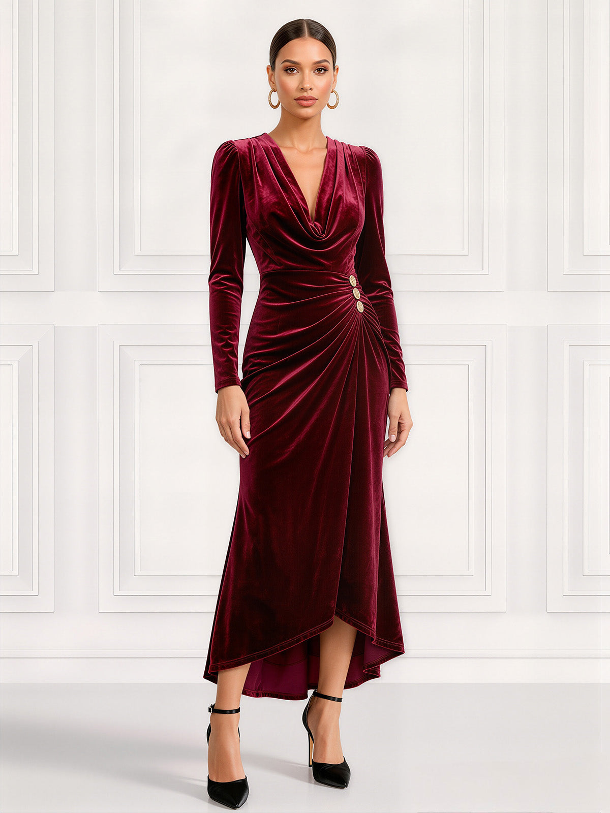 A-Line Velvet Cocktail Dress Ankle Length V Neck Ruched Long Sleeves Burgundy Elegant Formal Wedding Guest Dress