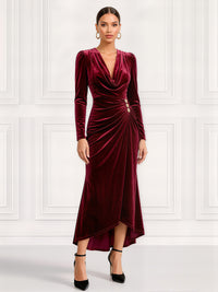 A-Line Velvet Cocktail Dress Ankle Length V Neck Ruched Long Sleeves Burgundy Elegant Formal Wedding Guest Dress