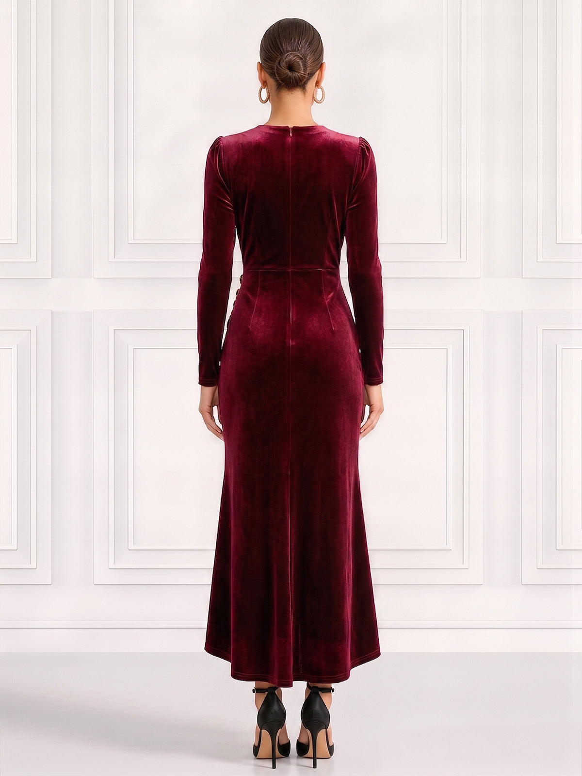 A-Line Velvet Cocktail Dress Ankle Length V Neck Ruched Long Sleeves Burgundy Elegant Formal Wedding Guest Dress