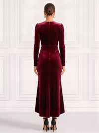 A-Line Velvet Cocktail Dress Ankle Length V Neck Ruched Long Sleeves Burgundy Elegant Formal Wedding Guest Dress