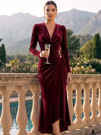A-Line Velvet Cocktail Dress Ankle Length V Neck Ruched Long Sleeves Burgundy Elegant Formal Wedding Guest Dress