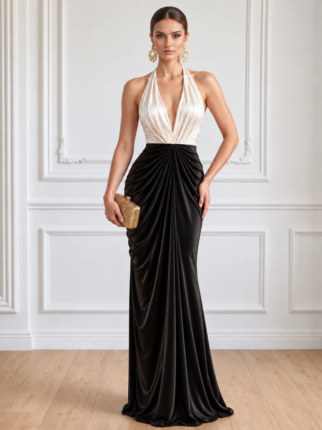 Sheath Evening Dress Satin Halter V Neck Sleeveless Floor Length Runched Black Colorblock Formal Wedding Guest Dress