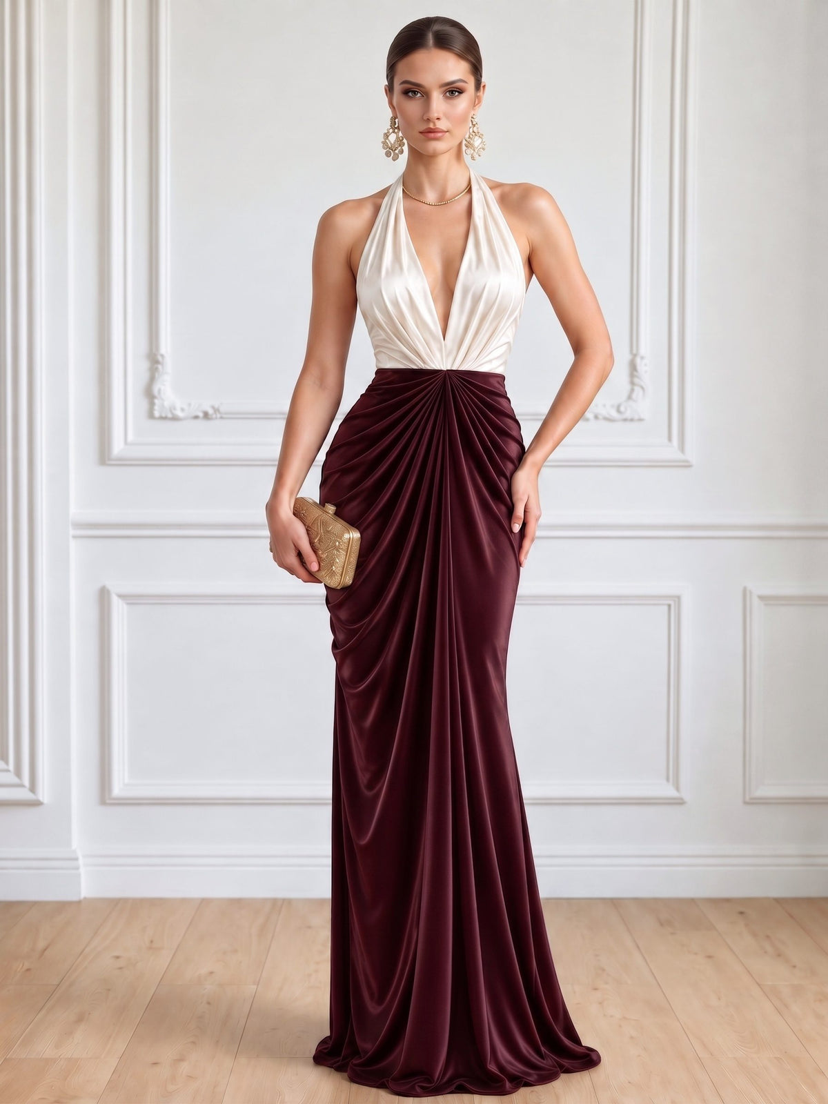 Sheath Evening Dress Satin Halter V Neck Sleeveless Floor Length Runched Black Colorblock Formal Wedding Guest Dress