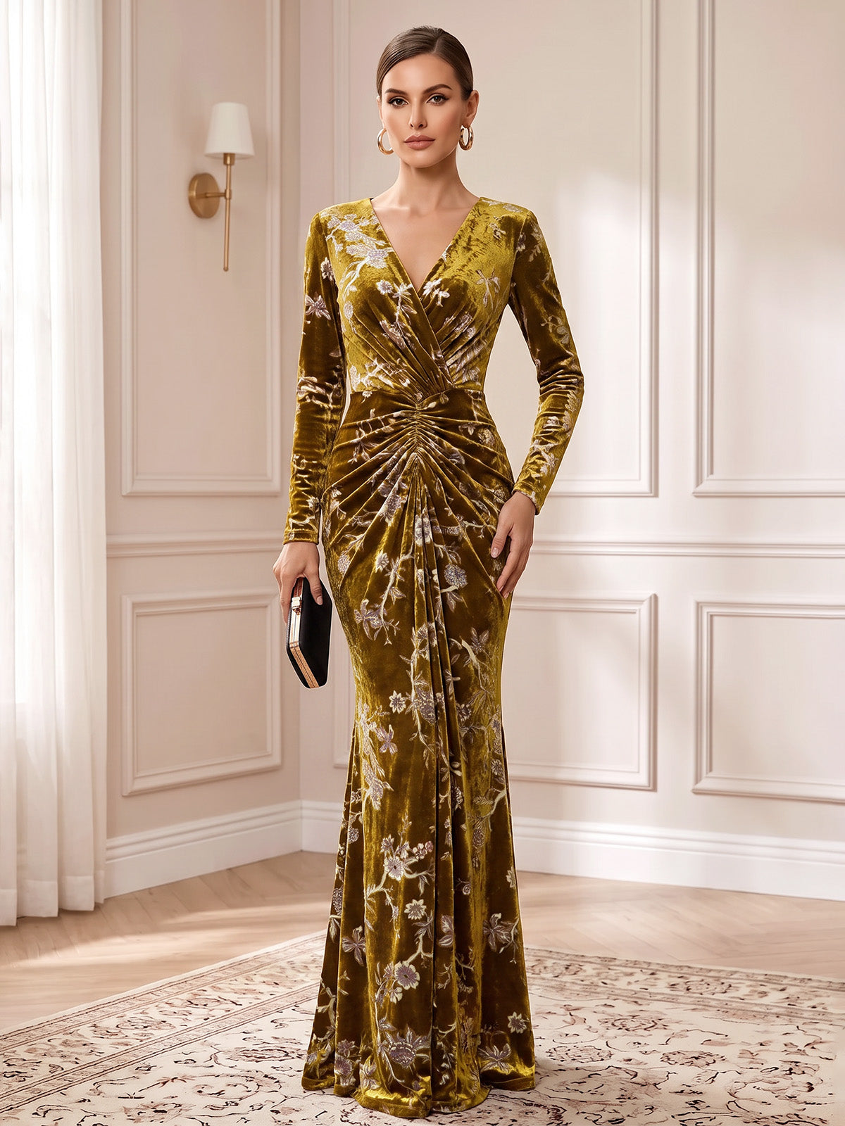 Sheath Velvet Evening Gown Floor Length Vintage Floral V Neck Runched Long Sleeves Brown Elegant Formal Wedding Guest Dress