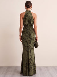 Sheath/Column Evening Dresses Halter High Neck Sleeveless Runched Embroidery Green Formal Wedding Guest Dress
