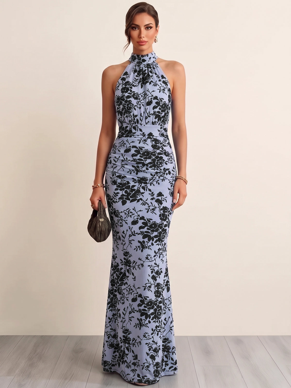 Sheath/Column Evening Dresses Halter High Neck Sleeveless Runched Embroidery Green Formal Wedding Guest Dress