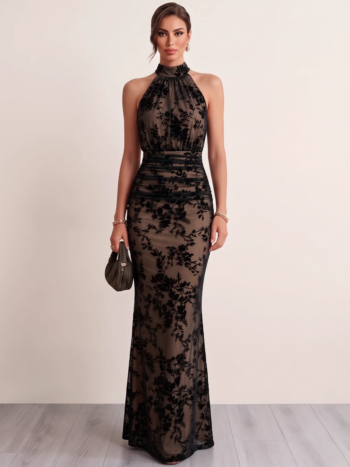 Sheath/Column Evening Dresses Halter High Neck Sleeveless Runched Embroidery Green Formal Wedding Guest Dress
