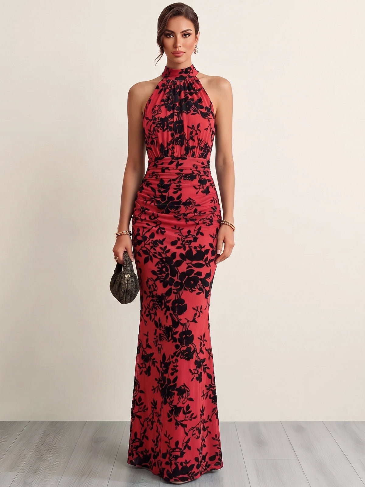 Sheath/Column Evening Dresses Halter High Neck Sleeveless Runched Embroidery Green Formal Wedding Guest Dress