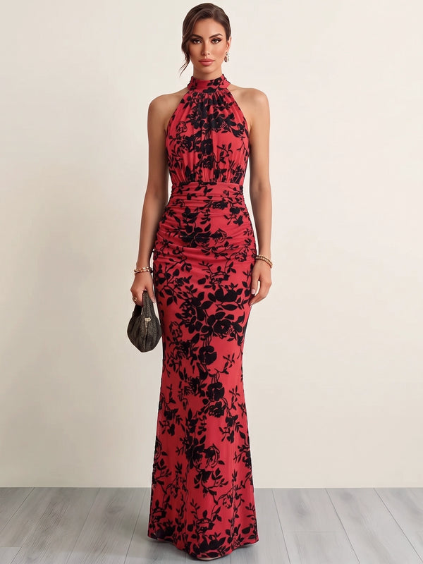 Sheath/Column Evening Dresses Halter High Neck Sleeveless Runched Embroidery Green Formal Wedding Guest Dress