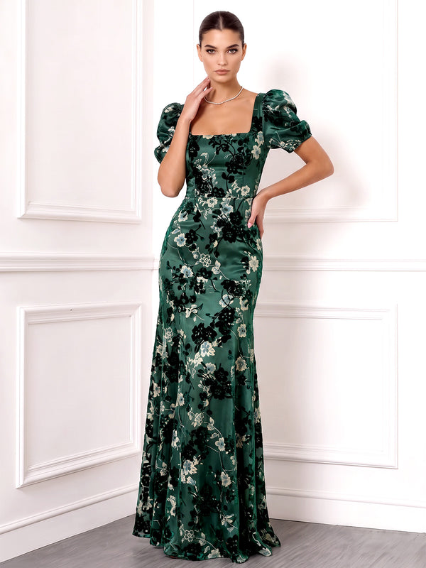 Sheath Evening Gown Floor Length Floral Square Neck Short Sleeves Green Elegant Formal Wedding Guest Dress