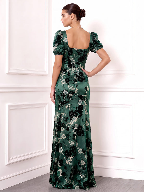 Sheath Evening Gown Floor Length Floral Square Neck Short Sleeves Green Elegant Formal Wedding Guest Dress