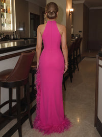 Sheath/Column Evening Dresses Hot Pink Formal Party Floor Length Sleeveless Halter Neck With Feather Fur Slit