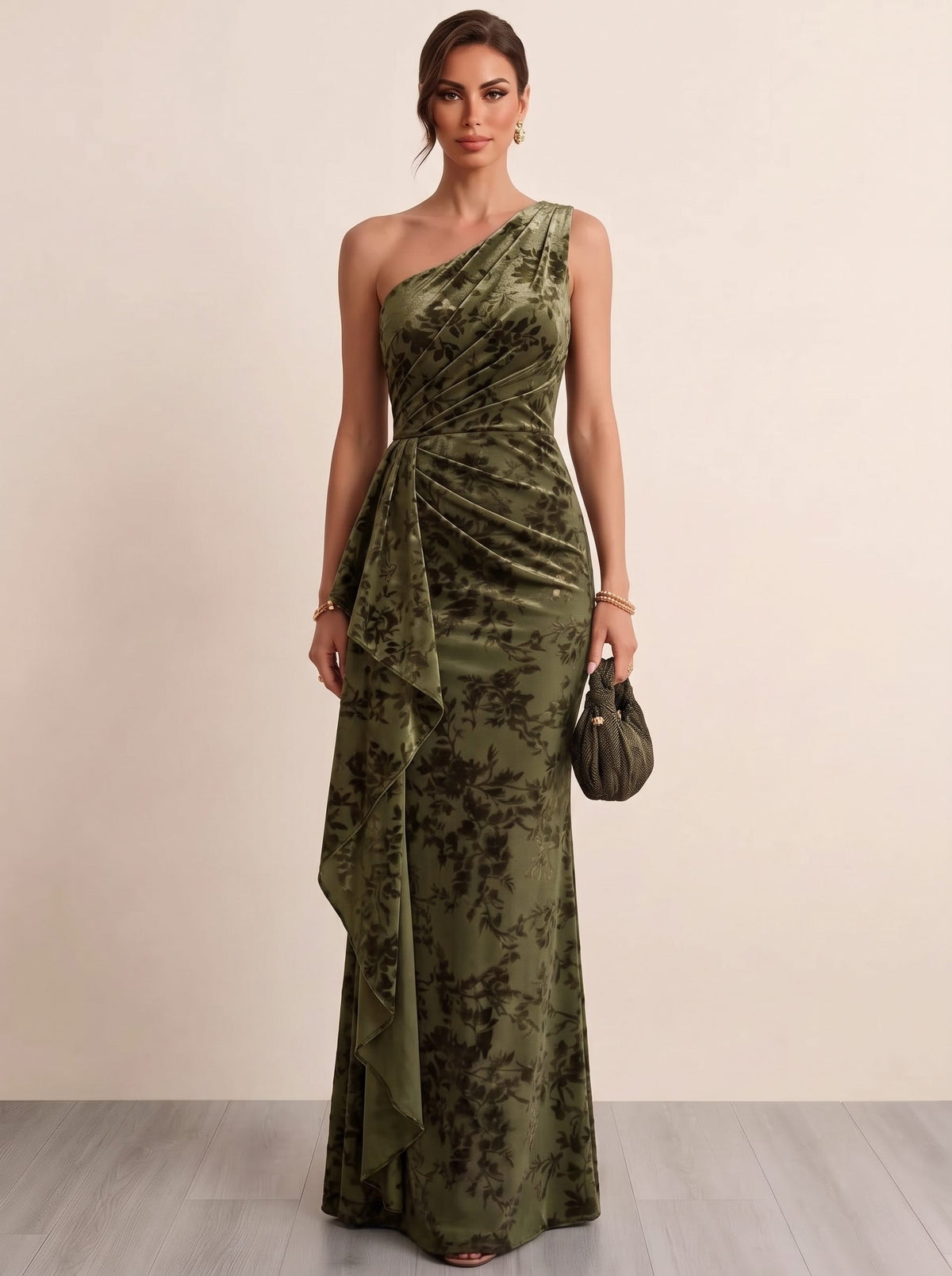 Sheath/Column Evening Dresses One Shoulder Sleeveless Runched Embroidery Green Formal Wedding Guest Dress With Draped Ruffles