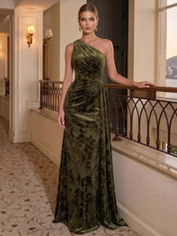 Sheath/Column Evening Dresses One Shoulder Sleeveless Runched Embroidery Green Formal Wedding Guest Dress With Draped Ruffles