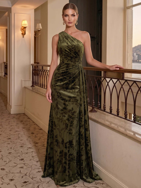 Sheath/Column Evening Dresses One Shoulder Sleeveless Runched Embroidery Green Formal Wedding Guest Dress With Draped Ruffles