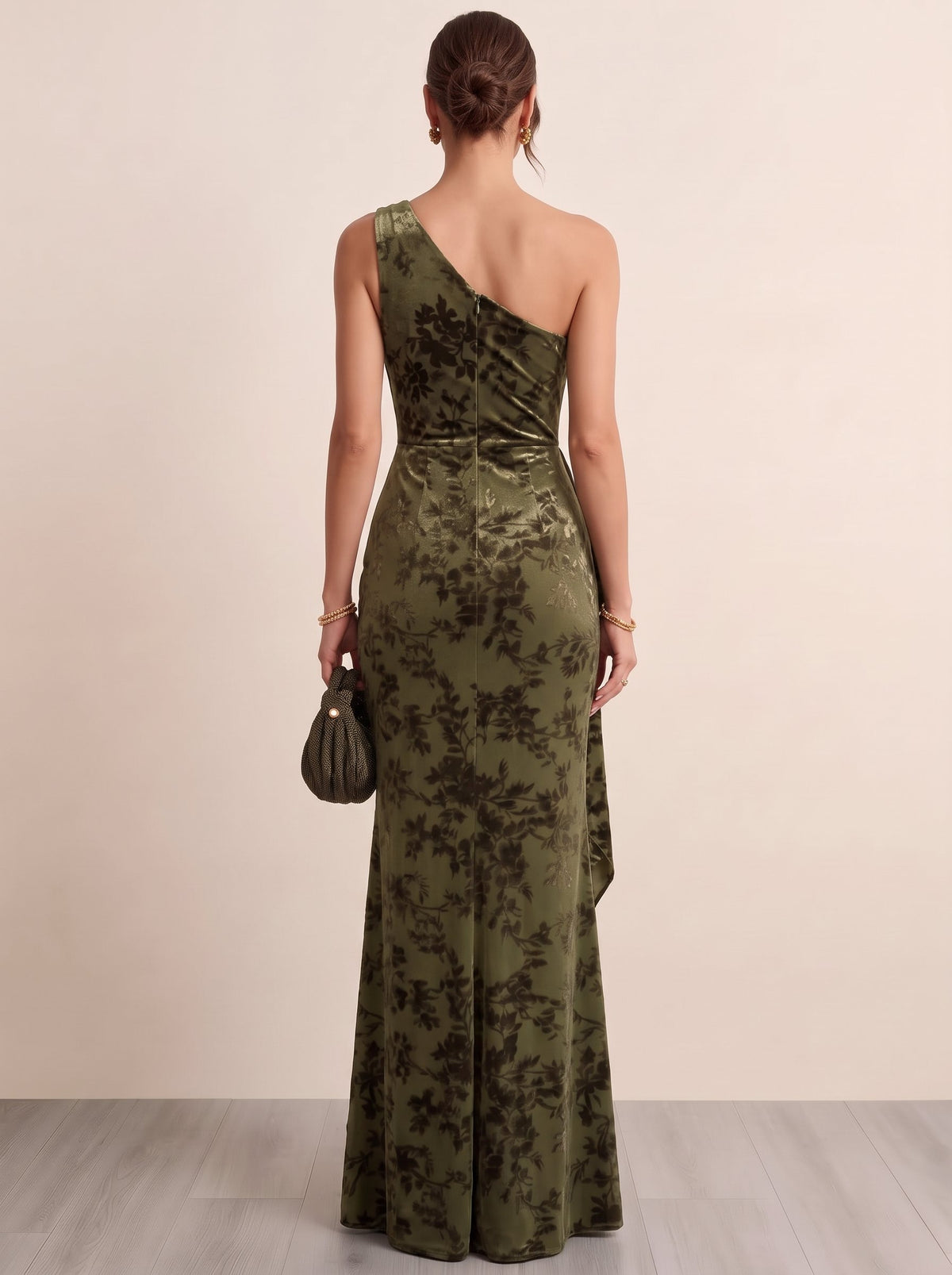 Sheath/Column Evening Dresses One Shoulder Sleeveless Runched Embroidery Green Formal Wedding Guest Dress With Draped Ruffles