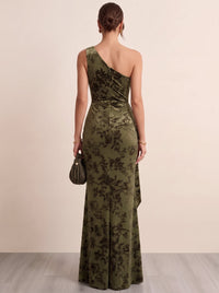 Sheath/Column Evening Dresses One Shoulder Sleeveless Runched Embroidery Green Formal Wedding Guest Dress With Draped Ruffles