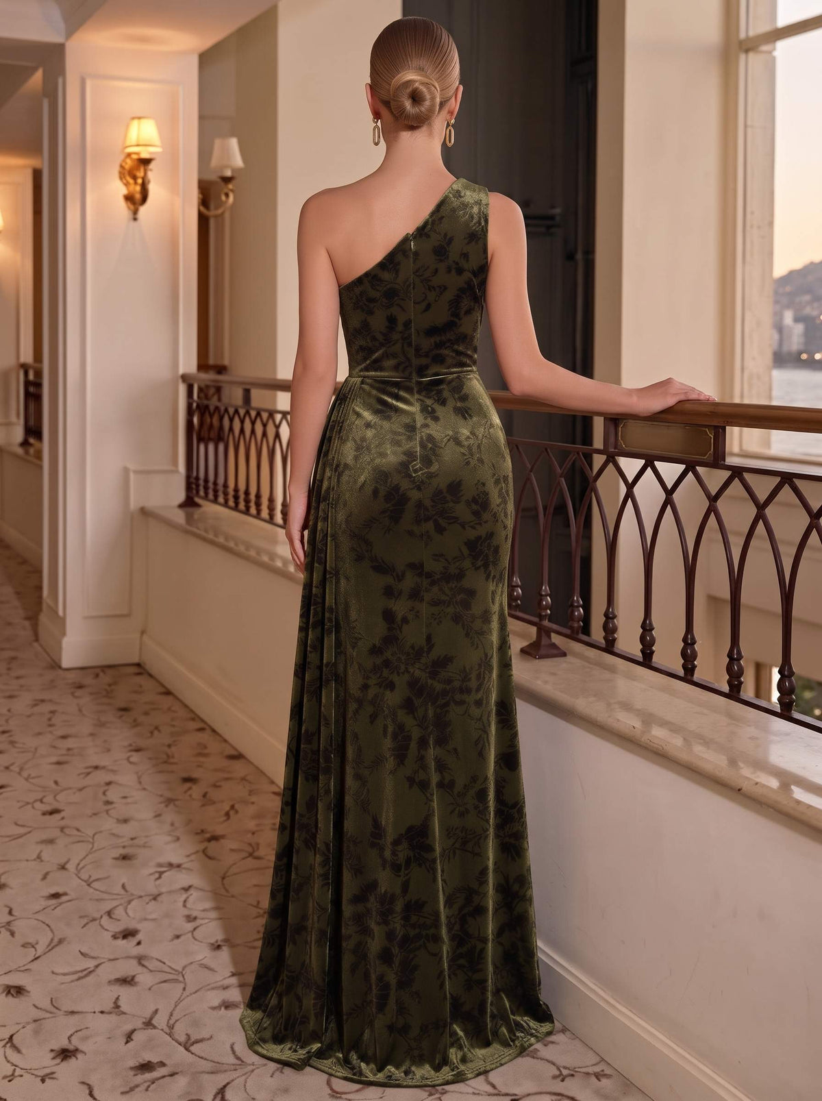 Sheath/Column Evening Dresses One Shoulder Sleeveless Runched Embroidery Green Formal Wedding Guest Dress With Draped Ruffles