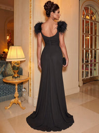 A-Line Evening Dresses Chiffon Black V Neck Floor-Length Runched Sleeveless Formal Dresses Wedding Guest With High Slit Feather Fur