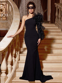 Mermaid Evening Dresses Black  Floor-Length One-Shoulder Long Sleeves Formal Dresses Wedding Guest With Organza Cascading Ruffles