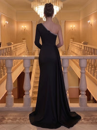 A-Line Evening Dresses Black Floor-Length One-Shoulder Long Sleeves Formal Dresses Wedding Guest With High Slit Rhinestone