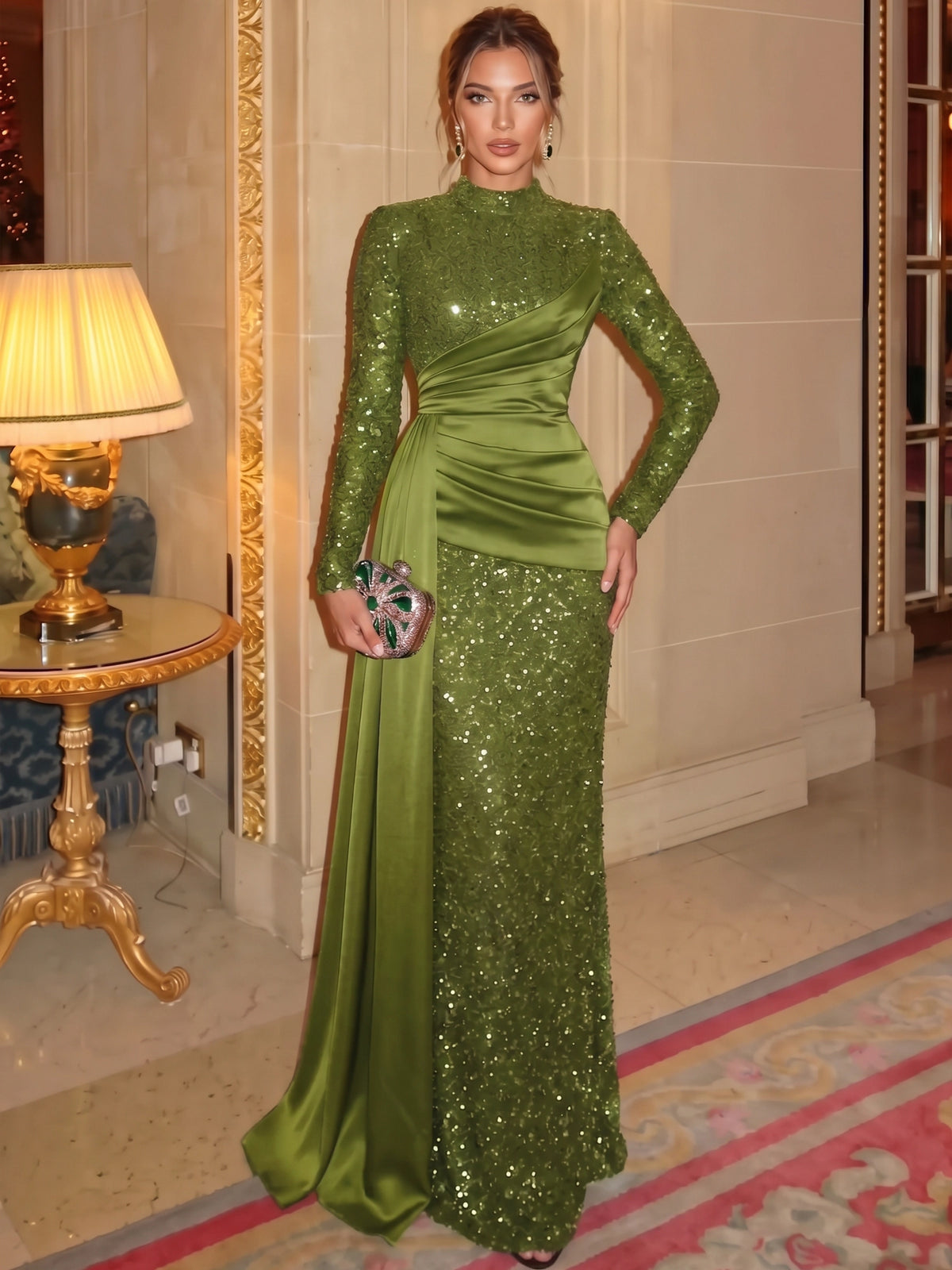 Sheath/Column Evening Dresses Sequins Christmas Dark Green Formal Wedding Floor Length Long Sleeves High Neck With Side Drape