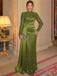 Sheath/Column Evening Dresses Sequins Christmas Dark Green Formal Wedding Floor Length Long Sleeves High Neck With Side Drape