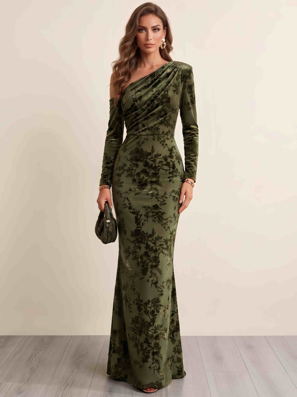 Sheath/Column Evening Dresses One Shoulder Long Sleeves Runched Embroidery Green Formal Wedding Guest Dress