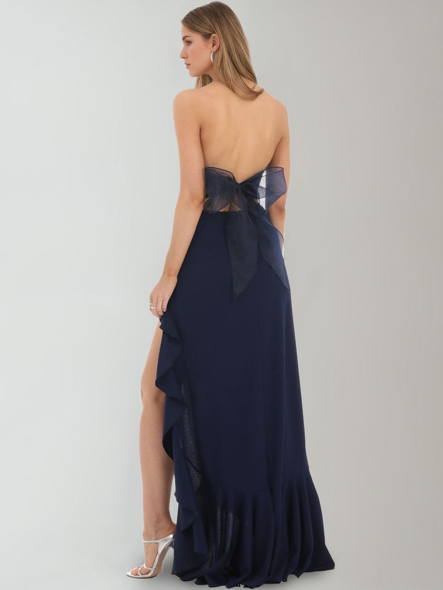 A-Line/Princess Prom Dress Strapless Sleeveless Crepe Bow Wedding Guest Dresses with Back Bow