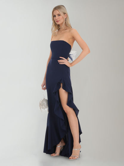 A-Line/Princess Strapless Sleeveless Crepe Bow Evening Dresses with Side Slit