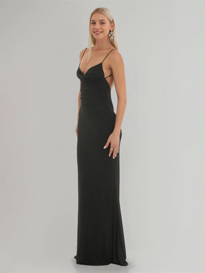 Sheath/Column Spaghetti Straps Sleeveless Lace Black Evening Dresses