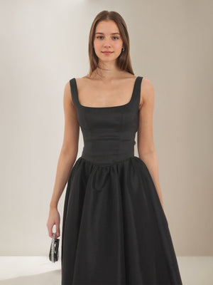 A-Line/Princess Black Prom Dress Square Neck Maxi Dress Sleeveless Floor-Length Formal Dresses with Back Bowknot