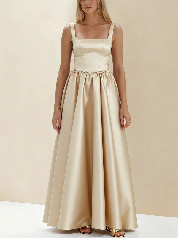 A-Line/Princess Black Prom Dress Square Neck Maxi Dress Sleeveless Floor-Length Formal Dresses with Back Bowknot