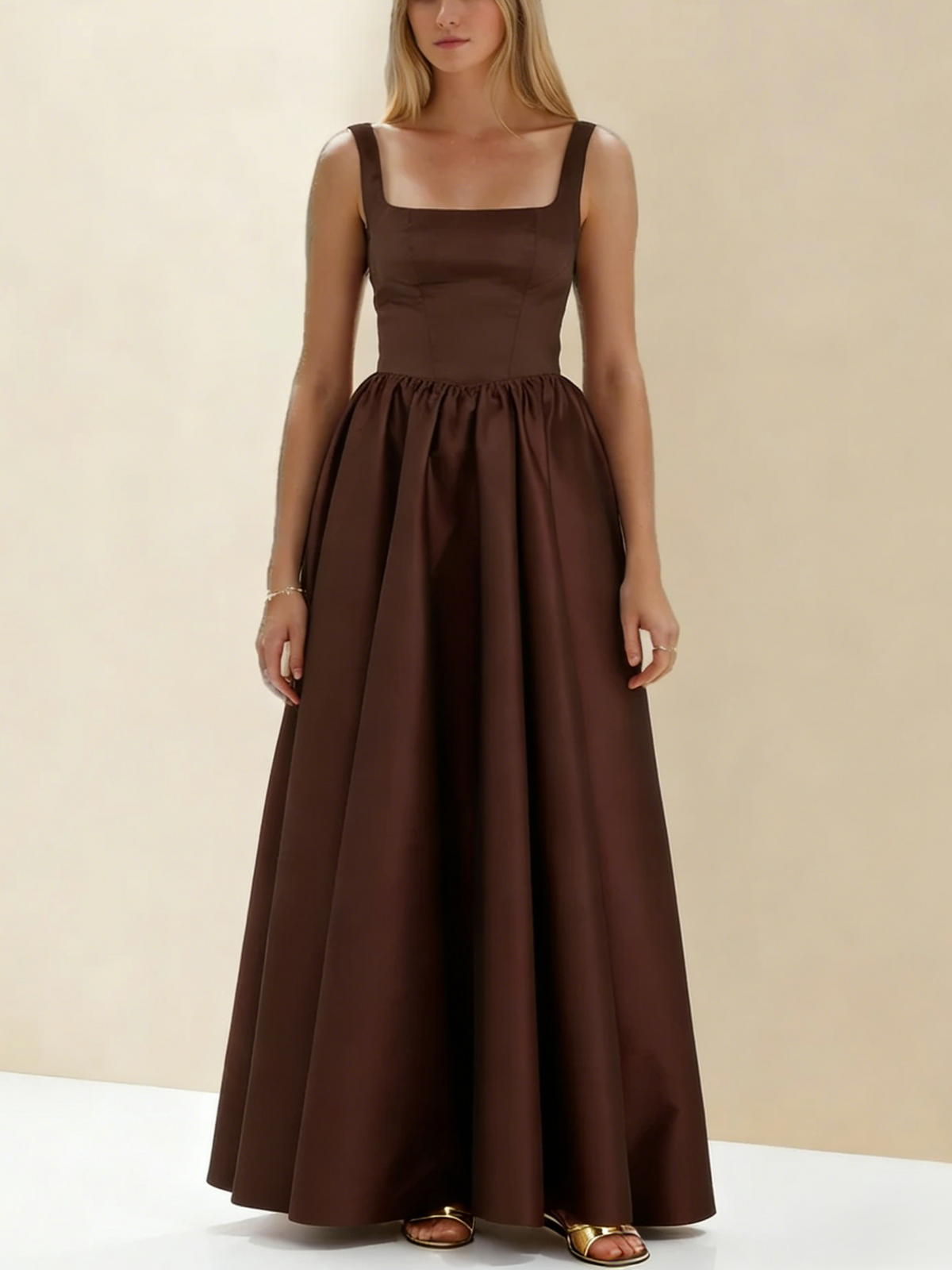 A-Line/Princess Black Prom Dress Square Neck Maxi Dress Sleeveless Floor-Length Formal Dresses with Back Bowknot
