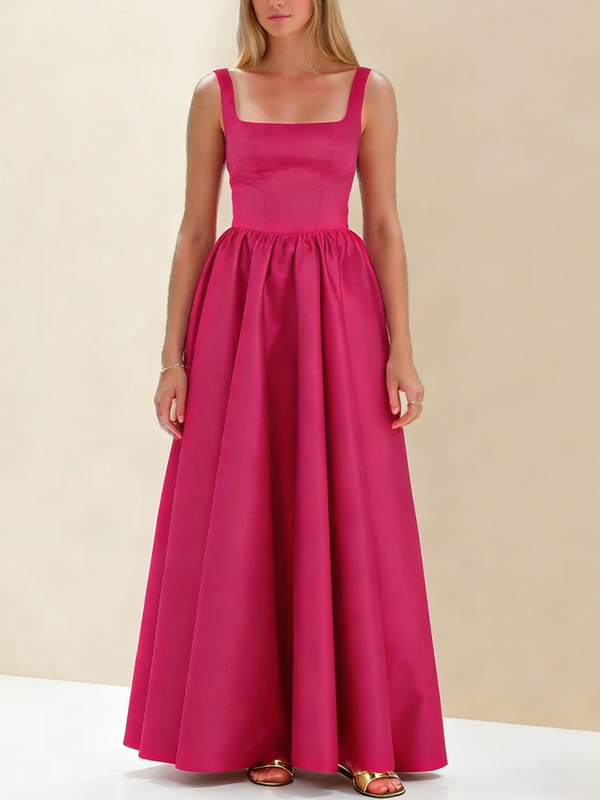 A-Line/Princess Black Prom Dress Square Neck Maxi Dress Sleeveless Floor-Length Formal Dresses with Back Bowknot