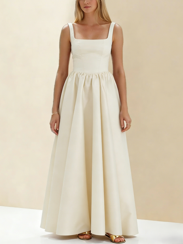 A-Line/Princess Black Prom Dress Square Neck Maxi Dress Sleeveless Floor-Length Formal Dresses with Back Bowknot