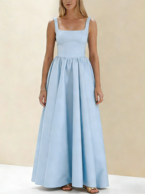 A-Line/Princess Black Prom Dress Square Neck Maxi Dress Sleeveless Floor-Length Formal Dresses with Back Bowknot