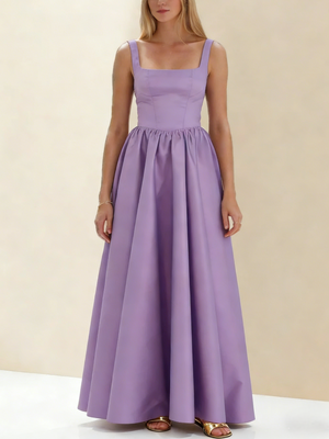 A-Line/Princess Black Prom Dress Square Neck Maxi Dress Sleeveless Floor-Length Formal Dresses with Back Bowknot