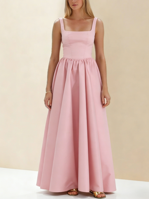 A-Line/Princess Black Prom Dress Square Neck Maxi Dress Sleeveless Floor-Length Formal Dresses with Back Bowknot