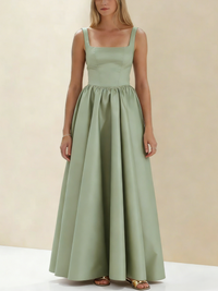 A-Line/Princess Black Prom Dress Square Neck Maxi Dress Sleeveless Floor-Length Formal Dresses with Back Bowknot