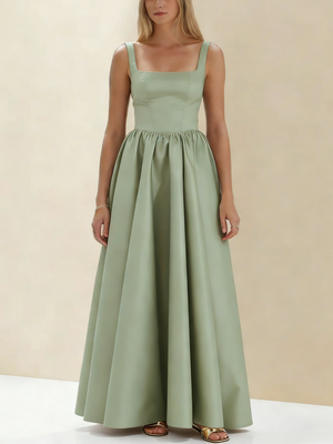 A-Line/Princess Black Prom Dress Square Neck Maxi Dress Sleeveless Floor-Length Formal Dresses with Back Bowknot