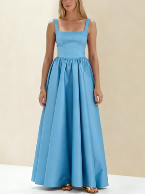 A-Line/Princess Black Prom Dress Square Neck Maxi Dress Sleeveless Floor-Length Formal Dresses with Back Bowknot